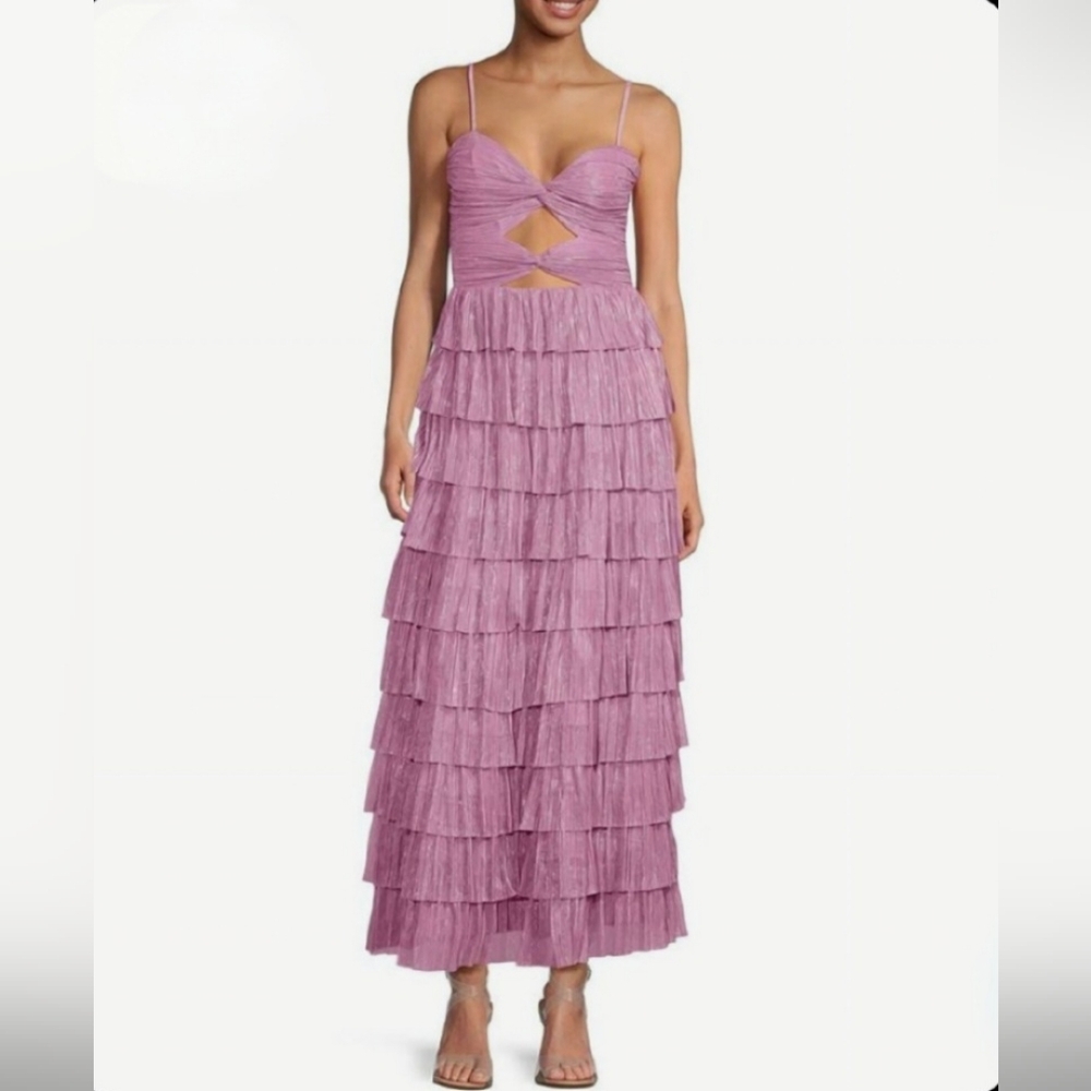 Grace Metallic Plisse Sweetheart Neck Cut-Out Tiered Dress
